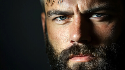 Obraz premium Intense close-up of a man with piercing blue eyes and beard