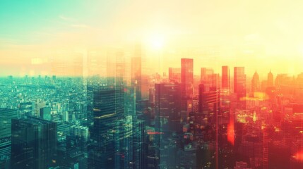 Fototapeta premium A breathtaking aerial view of a vibrant cityscape at sunset. A stunning display of urban architecture and modern design.