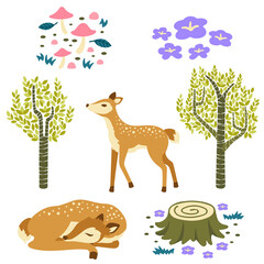 Png cute fairytale forest clipart set, transparent background