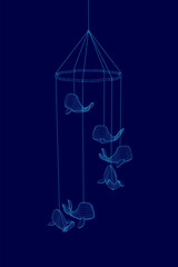 Wireframe Blue toys whale hanging on ropes illustration isolated on blue background.