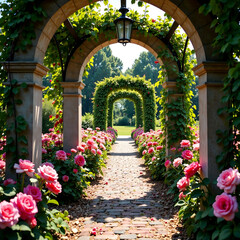 Fototapeta premium beautiful english rose garden with arches and arbors new image