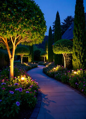 Nighttime garden with trees, shrubs, and flowers beautifully illuminated by soft lighting, highlighting vibrant foliage and landscaping design. new image