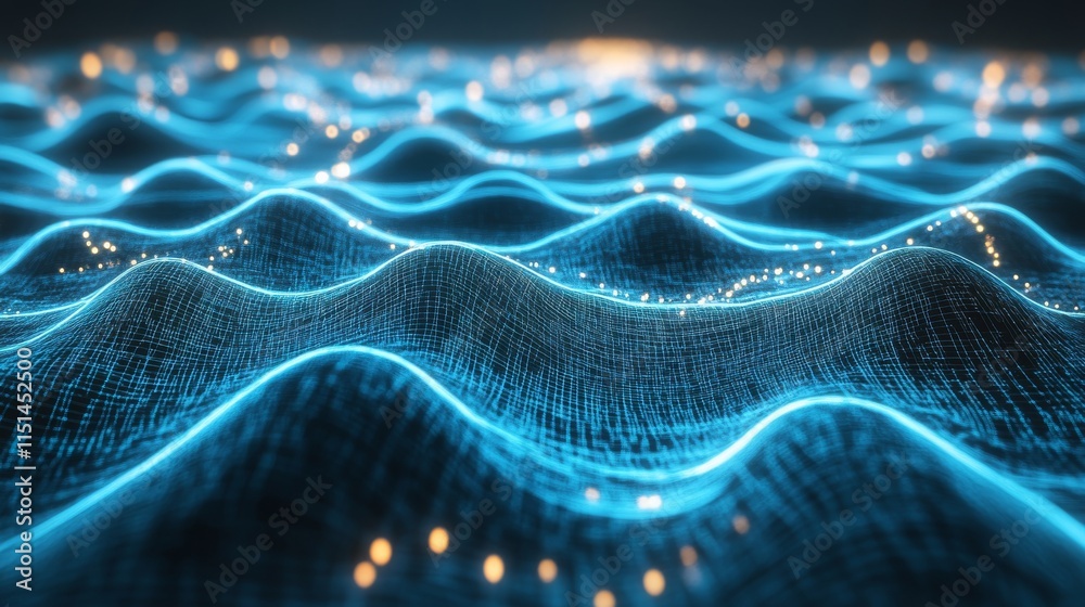 Poster futuristic blue digital grid background featuring a dynamic network of interconnected lines and node