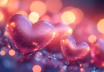 Fototapeta premium Hearts with Water Drops, Valentine’s Day, Romantic Raindrop Effect