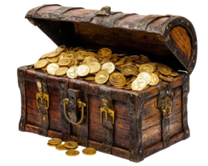 ancient treasure chest overflowing with gold coins, symbolizing wealth and adventure. This captivating image evokes sense of mystery and discovery
