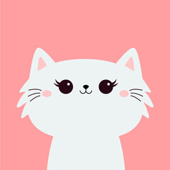Cat face head. Fluffy white kitten girl. Cute cartoon funny kitty character. Kawaii animal in love. Happy Valentines Day. Love Greeting card . Flat design. Pink background. Vector illustration