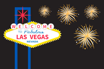 Welcome to fabulous Las Vegas sign icon at night. Classic retro symbol. Fireworks in the sky. Nevada sight showplace. Template for greeting card, banner, poster. Flat design. Black background. Vector