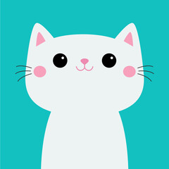 Cute cat face head. White kitten girl. Cute cartoon kawaii funny kitty character. Animal in love. Happy Valentines Day. Love Greeting card. Flat design. Blue background. Vector illustration