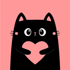 Happy Valentines Day. Cat kitten kitty head face holding pink heart. Cute cartoon kawaii funny animal character. Flat design. Love card. Sticker print. Childish style. White background. Vector
