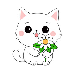 Cat kitten holding daisy chamomile flower. Funny face head. Cartoon kawaii baby character. Contour line hand drawn doodle. Sticker print. Childish style. Flat design. White background Isolated. Vector