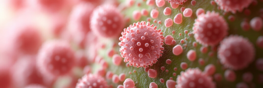 A close-up image of pink, spherical structures resembling viral particles, showcasing intricate details and textures.