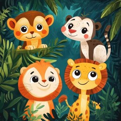 Fototapeta premium Adorable Baby Animals Playing in Lush Jungle Foliage