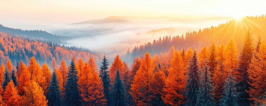 Aerial View forest idea. Stunning autumn landscape with vibrant orange trees and misty mountains at sunrise.