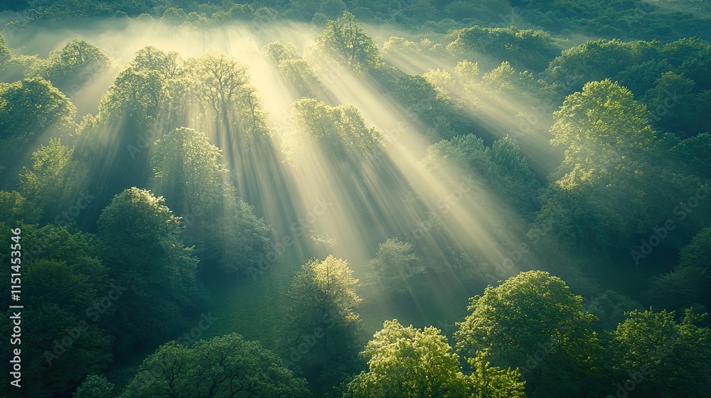 Poster aerial view forest idea. sunlight streaming through lush green trees creates a serene forest landsca