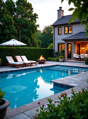 Luxury backyard pool with lounge chairs, umbrellas, and fire pit. new image