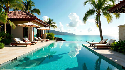 Relaxing poolside retreat at a tropical villa exotic location real estate photography luxurious environment wide angle view vacation concept for ultimate relaxation new image