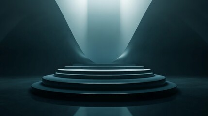 Obraz premium Modern futuristic dark podium with dynamic lighting and reflection effects for high-tech presentations, product showcases, and digital display designs.