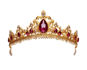 stunning ancient treasure tiara featuring intricate gold detailing and vibrant red gemstones, perfect for adding elegance to any royal attire