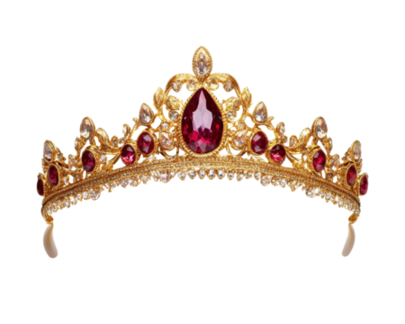 stunning ancient treasure tiara featuring intricate gold detailing and vibrant red gemstones, perfect for adding elegance to any royal attire