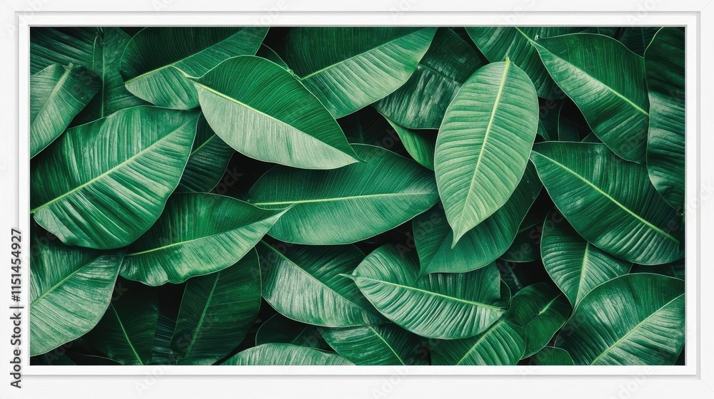 Poster tropical frame concept. a vibrant close-up of lush green leaves displaying various textures and shad
