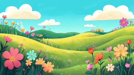 Fototapeta premium Vibrant wildflowers blooming across rolling green hills under a bright blue sky..