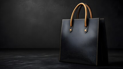 A simple black shopping bag with sharp edges on a black gradient surface, perfect for branding