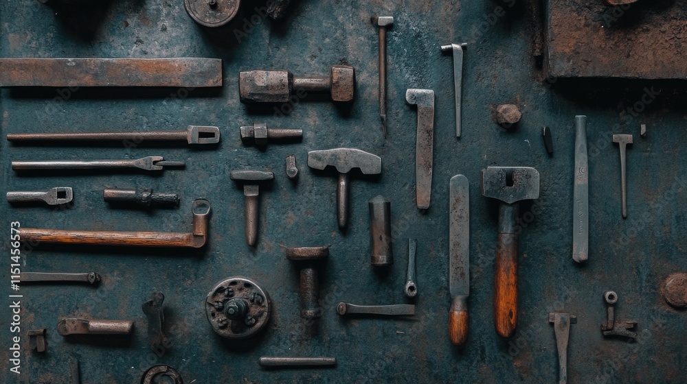 Poster rustic collection of vintage hand tools arranged on dark surface highlighting the character and hist