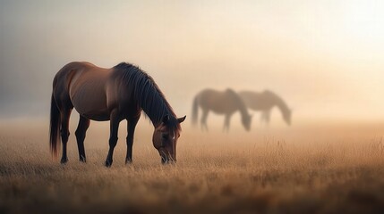 Obraz premium Majestic Horses Grazing in a Serene Misty Landscape, Capturing the Tranquility of Nature at Dawn with Soft Light and Gentle Colors