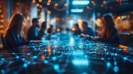 Focused business meeting at a roundtable, abstract network background softly blurred to emphasize teamwork