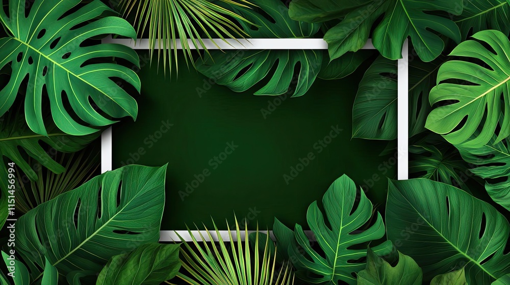 Poster tropical frame concept. lush green leaves creating a vibrant frame for nature-themed designs and bac