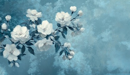 White Blossoms Flourishing on a Textured Teal Canvas..