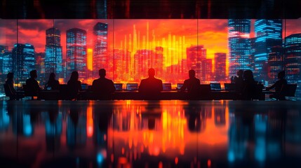 Professionals in a corporate meeting, vector style, background featuring blurred benchmarking chart data