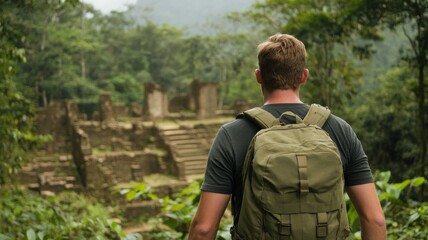 Travel Adventure for Nature Exploration: Backpacker Trekking into Ancient Ruins of a Lost Civilization Amidst Dense Jungle