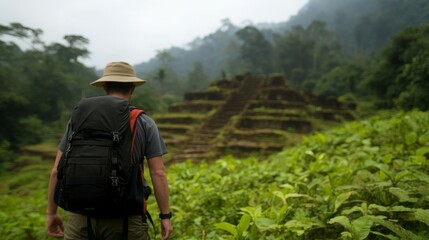 Travel Adventure for Nature Exploration: Adventurous Backpacker Trekking into Ancient Ruins in Overgrown Lush Green Jungle