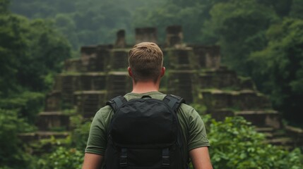 Travel Adventure for Nature Exploration: Backpacker Trekking into Ancient Ruins in Lush Green Jungle