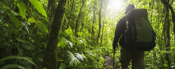 Travel Adventure for Nature Exploration: Solo Backpacker Trekking Through Lush Green Forest Path with Sunlight Filtering Through