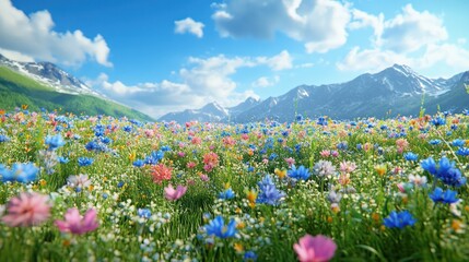 Fototapeta premium Vibrant wildflowers bloom in a picturesque mountain meadow under a sunny sky.