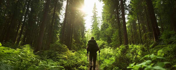Travel Adventure for Nature Exploration: Solo Backpacker Trekking on Trail Surrounded by Lush Green Forest