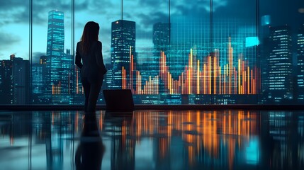 Vector business discussion scene, blurred financial graph in the background showcasing key benchmarking data