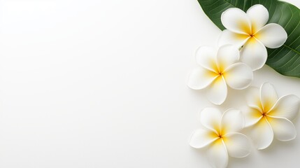Naklejka premium elegant white frangipani flower on a smooth white surface, showcasing serene floral beauty