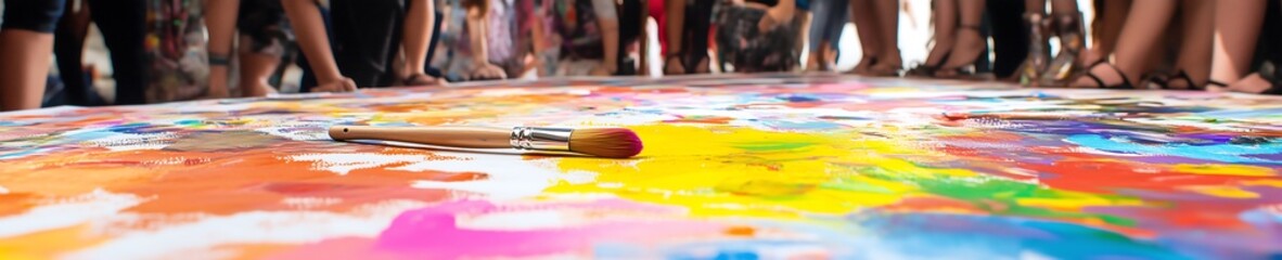 Fototapeta premium A vibrant scene of an artistic gathering with diverse participants and colorful paint splashes on canvas.