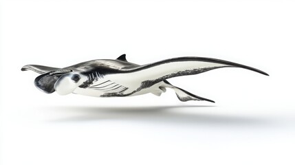 Fototapeta premium Graceful Manta Ray Swimming in Clear Water Against White Background