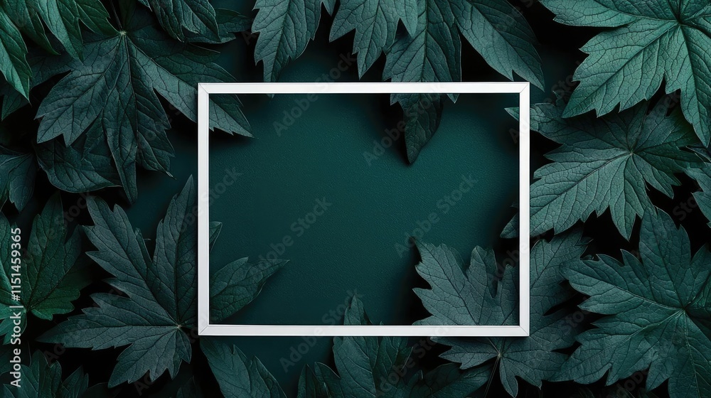 Poster tropical frame concept. a vivid arrangement of lush green leaves with a blank frame for adding text 