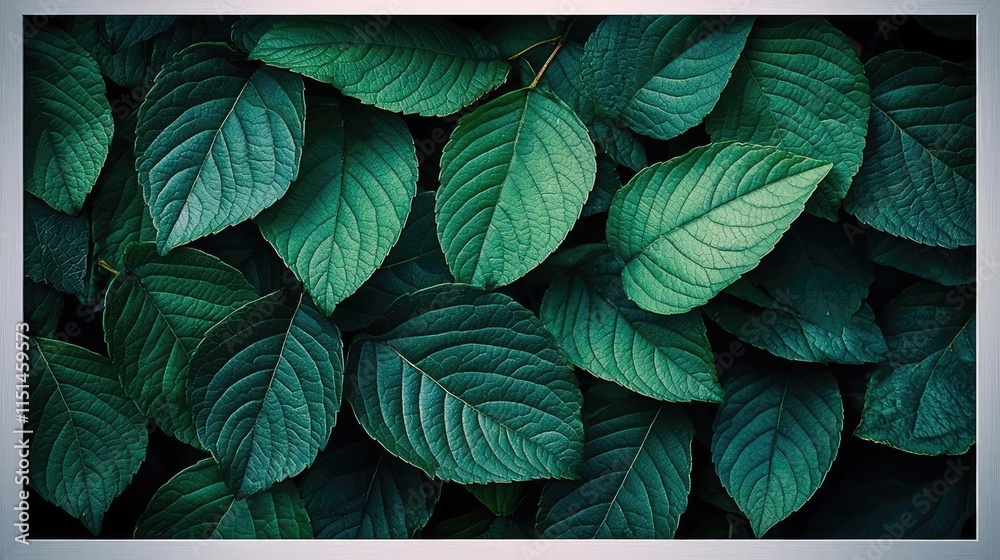 Poster tropical frame concept. a close-up view of lush green leaves, showcasing their vibrant texture and p
