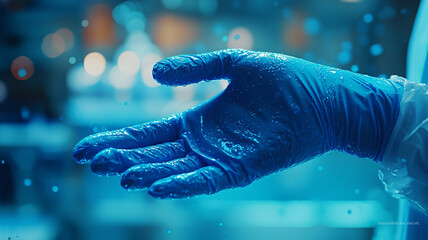 Fototapeta premium Wet Blue Glove Hand Water Droplets Cleanliness Hygiene Medical Science Research Lab Technology