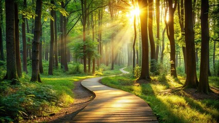 Obraz premium Serene Woodland Path at Sunrise A Curving Wooden Walkway Through Sunlit Trees