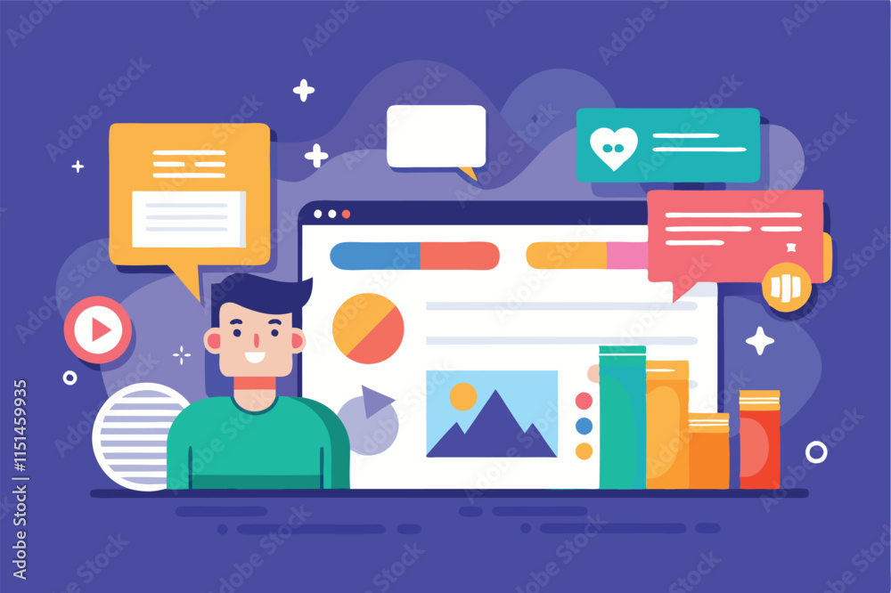 Fototapete vector illustration depicting a modern workspace with a computer displaying a banner design, showcas