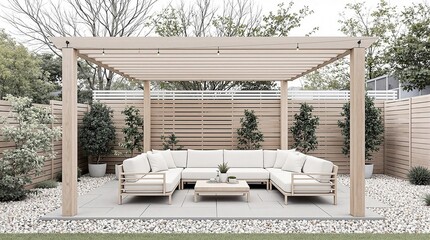 Outdoor Retreat: Tranquil and inviting, a contemporary scandinavian patio,pergola shades a spacious patio, perfect for relaxing and entertaining with family and friends.  The luxurious sectional sofa.