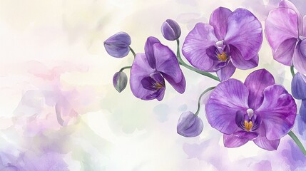 Elegant Watercolor Painting of Purple Orchids on a Soft Pastel Background with Delicate Petals and Green Stems