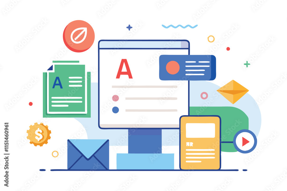 Poster creative digital workspace showcasing design elements and project details in a clean vector style